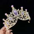 Golden Baroque bridal crown with large purple gems and clear rhinestones on black background - Standard Size / Gold Purple Zirconia