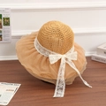 Khaki straw sun hat with elegant lace trim and a large mesh bow for beach vacation - New Flower Lace Style - Khaki
