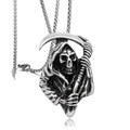Polished stainless steel grim reaper scythe pendant necklace in a sleek hip hop style - Grim Reaper with Scythe