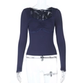 Detail of navy blue slim fit long sleeve top featuring lace trim and pleated sweetheart neck - S / Navy Blue