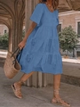 Detail of the layered tiered skirt design and short sleeves on a blue summer dress - S / Dresses / Light Blue