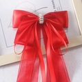 Detail of red Hanfu bow hair clip with faux pearls, rhinestones and long tassels - China Red