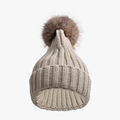 Beige chunky knit beanie with a brown faux fur pom pom for outdoor winter warmth - Kids (50-54cm) / Khaki
