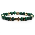 Malachite bead bracelet for men featuring a gold cross charm with black cubic zirconia - Malachite Gold