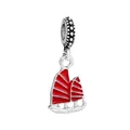 Detailed close-up of a silver sailboat charm with vibrant red enamel and S925 engraving - 33-Chinese Sailboat