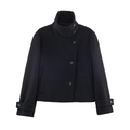 Chic black short coat for women featuring a high stand collar and unique asymmetrical buttons - XS / Black