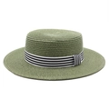 Green straw boater hat for women with a black and white striped ribbon for summer beach - M (56-58cm) / Dark Green