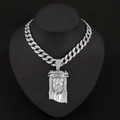 Detail of silver iced-out Jesus piece pendant on a Cuban link chain for hip hop style - 18-inch Cuban Chain Set / Silver
