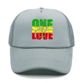 Close-up of One Love print on gray mesh trucker hat with reggae colors and fist graphic - M (56-58cm) / Light Gray