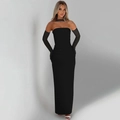 Elegante zwarte strapless avondjurk met mesh handschoenen en bijpassende nekaccessoire - S / Zwart