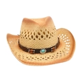 Chapeau de cowboy en paille beige avec bande perlée turquoise et tissage ajouré respirant - Khaki (Perles en bois et décor turquoise)