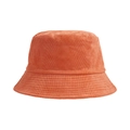 Detail of orange corduroy bucket hat featuring thick ribbed fabric and flat top design - Orange