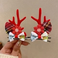 Christmas reindeer antler hair clip featuring red plaid fabric and white bows - 61# Christmas Antler Hair Clip Small Red Flower