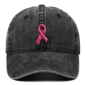 Gewaschene schwarze Denim Baseballkappe mit rosa Schleife Brustkrebs-Stickerei - Schwarz