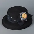 Detail of black straw sun hat with UPF 50+ protection, pearl bow, and plant fiber weave - M (56-58cm) / Black