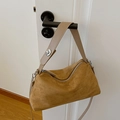 Borsa tote vintage in pelle scamosciata zenzero con chiusura argento e tracolla - Cachi