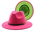 Two-tone wool fedora hat in rose red and neon green with gold chain and leather band - Rose Red & Fruit Green