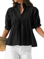 Women's casual V-neck blouse with puff sleeves and pleated waist on white background - S / Black