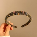 Handmade black velvet headband with colorful speckled knit texture for women accessories - Black