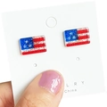 Close-up of rectangular American flag stud earrings with shiny blue red and white glitter - Rectangle Flag / Color 10