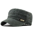 Detail of olive green flat top army cap featuring metal brand plate and washed cotton texture - Adjustable / Army Green