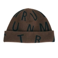 Detailed close-up of brown knit beanie showing tight texture and black letter patterns - M (56-58cm) / Coffee