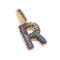 Gold plated copper pendant shaped as letter R with multicolored cubic zirconia stones - Letter: R