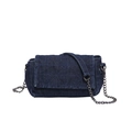 Navy denim shoulder bag with a diamond-stitched flap and silver-tone chain strap, on white - Dark Blue