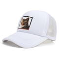 White breathable mesh baseball cap featuring a realistic cat patch and adjustable back strap - L (58-60cm) / White