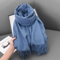 Solid blue cashmere-like winter scarf with long tassels for a fashionable look - 68x180cm / Denim Blue