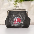 Black PU leather clasp coin purse with red and blue skull embroidery and silver metal frame - 6# Radiant Skull