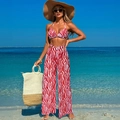 Red and white zebra pattern bikini set with high-waisted wide-leg trousers for beachwear - S / Top And Bottom / Red Stripe