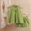 Ensemble bébé fille en gaze vert herbe avec haut sans manches à nœud et mini short - 80cm / Haut Et Bas / Vert Pomme