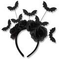 Cerchietto per Halloween con rose nere ed elementi a forma di pipistrello glitterato - 7 Pipistrelli + 4 Fiori Neri