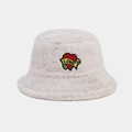 Detail showing the fluffy cream faux fur texture and heart LOVE embroidery on the bucket hat - M(56-58cm) / Beige
