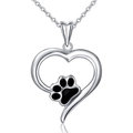 Silver hollow heart necklace with black paw print pendant on a white background - White Gold