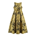 Elegante abito lungo jacquard vintage senza maniche con motivi floreali oro su nero - S / Nero e Oro