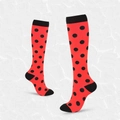 Knee-high compression socks in vibrant red with large black polka dots and black trim - S/M / Red Polka Dot