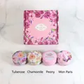 Pink floral gift box with four scented soy candles in colorful unicorn tin cans - Floral Style C (Tuberose/Chamomile/Peony/Mon Paris)