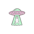 Broche en émail dessin animé avec vaisseau OVNI et chat blanc en vert menthe et rose - Vaisseau Spatial Enlevant un Chat Blanc (XZ4397)