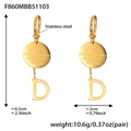 Detail view of gold stainless steel D-letter earrings with engraved disc and pearl charms - Gold Letter D Coin Style (F860)
