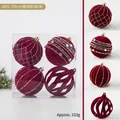 Set di 4 palline di Natale floccate rosse da 8cm con glitter dorati e finitura in velluto - J895-3 (Set di palline floccate dipinte 8cm)