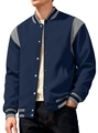 Details der Navy Varsity-Jacke mit grauen Ärmeln, Rippbündchen und Druckknopfverschluss - S / Marineblau