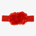 Elastic red fabric belt featuring two large red faux roses for dresses and suits - Red