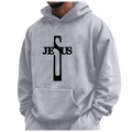 Men's light gray fleece hoodie with cross print, drawstring hood and kangaroo pocket - S / Tops / Light Grey (Jesus)