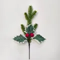 Detail of artificial Christmas pine branch with red berries and holly leaves on white base - Y37-Holly Leaf Pine Mix