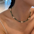 Baroque style necklace with green malachite beads, white pearls and gold accents - Malachite Freshwater Pearl Necklace