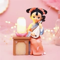 Hanfu girl ornament with pipa and glowing lantern made of resin for room decor - Style 1060-31 Orange Pink