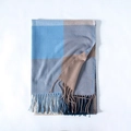 Blue and khaki plaid cashmere-feel scarf with elegant fringe tassels in a folded view - Sky Blue Plaid