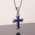 Hip hop silver cross necklace with pavé clear diamonds and deep blue square center stones - Blue / Box Chain 60cm